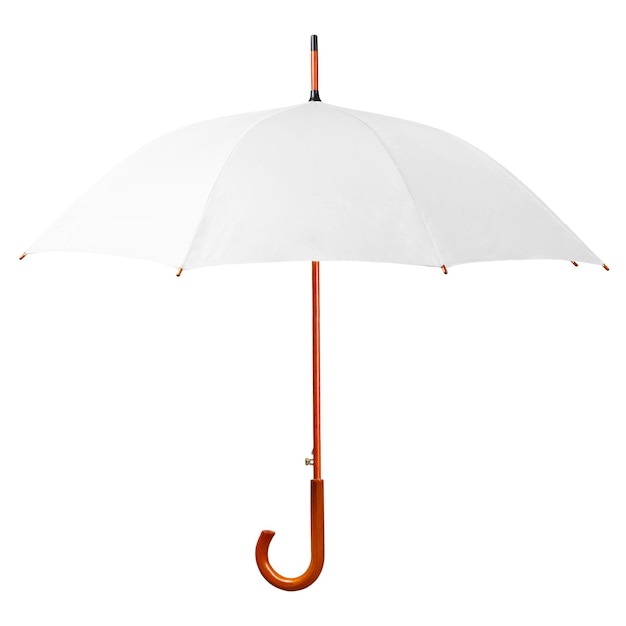 Parapluie blanc avec manche en bois isolé sur blanc