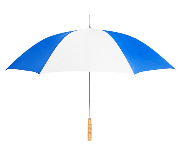 Parapluie bleu et blanc isolé sur blanc