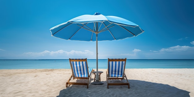 Parapluie bleu avec chaises de plage sur fond de ciel bleu plage tropicale AI générative