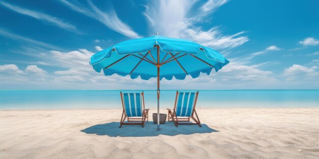 Parapluie bleu avec chaises de plage sur fond de ciel bleu plage tropicale AI générative