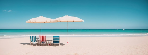 Parapluie et chaise longue sous un palmier sur la plage d'une île tropicale Generative AI