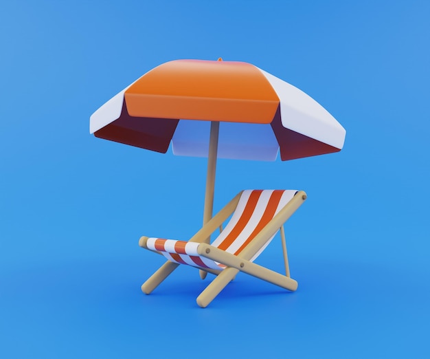 Parapluie et chaise de plage isolés en rendu 3D