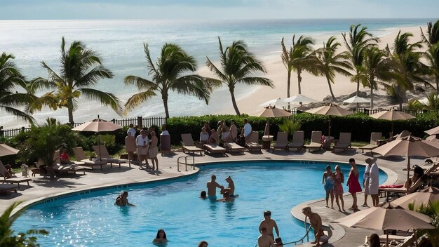 Photo parapluie et chaise de pont autour de la piscine extérieure dans un hôtel de villégiature avec plage de mer et cocon