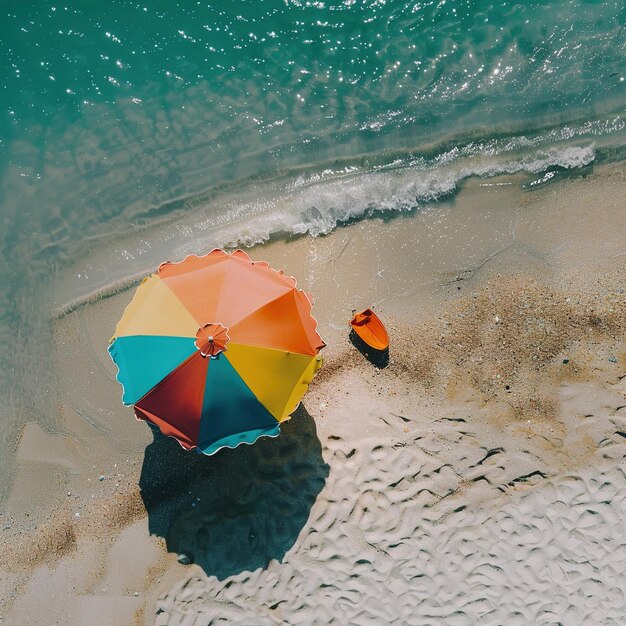 un parapluie couleur arc-en-ciel est sur la plage et l'eau est bleue