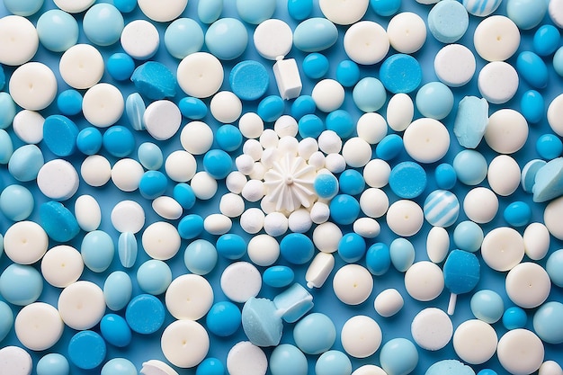 Photo un parapluie est entouré de bonbons blancs et bleus