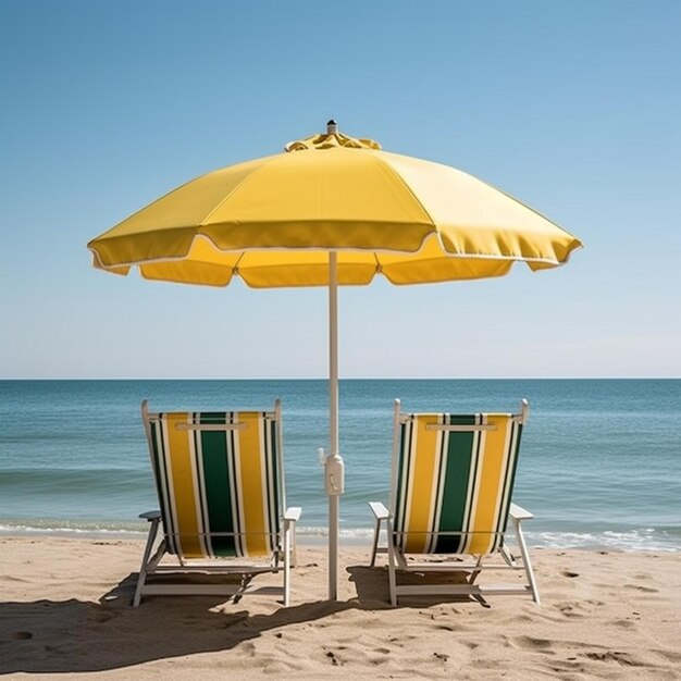 Parapluie jaune et deux chaises sur la plage près de l'IA générative de l'océan