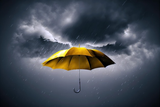 Un parapluie jaune est dans l'air et la pluie tombe.