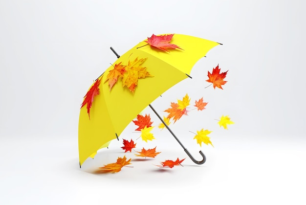 Parapluie jaune et feuilles d'érable multicolores isolées sur un fond blanc IA générative