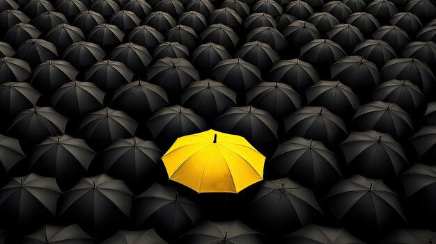 Photo parapluie jaune parmi les parapluies noirs
