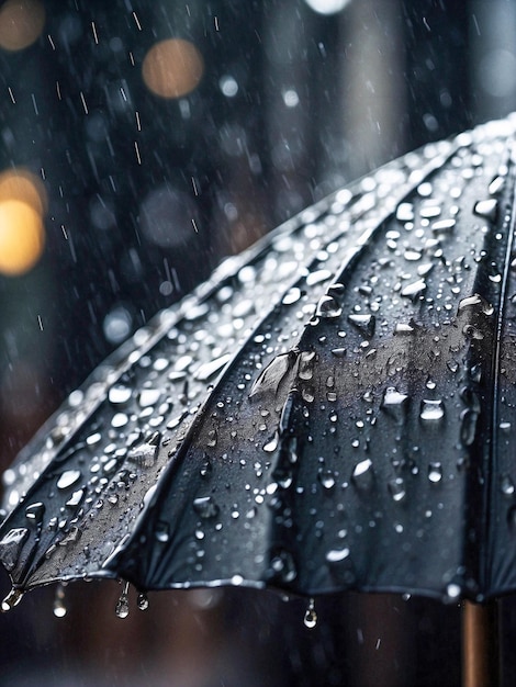 Un parapluie noir pendant une tempête de pluie avec des gouttes d'eau comme concept pour le temps humide et le changement climatique