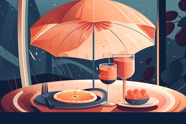 Un parapluie orange est sur une table avec une assiette et une assiette avec des oranges.