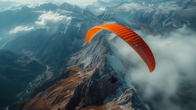 Un parapluie orange survolant une chaîne de montagnes