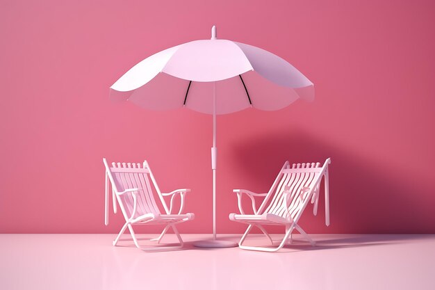 Photo parapluie de plage avec des chaises sur fond rose