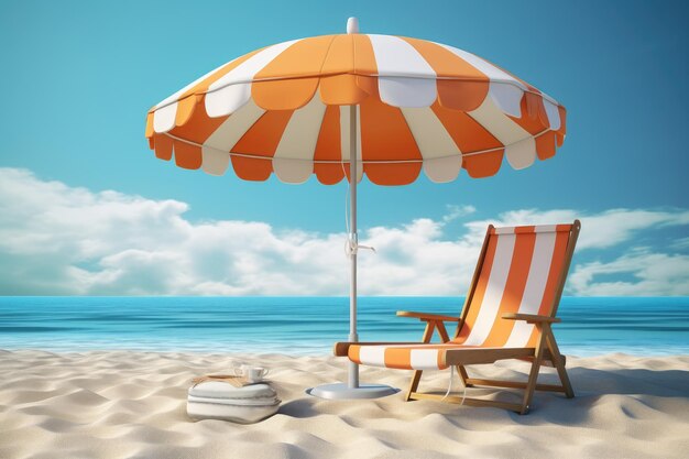 Parapluie de plage avec solarium Une chaise de plage colorée sous un grand parapluie à rayures sur la plage Vacances d'été en mer Désertation de plage