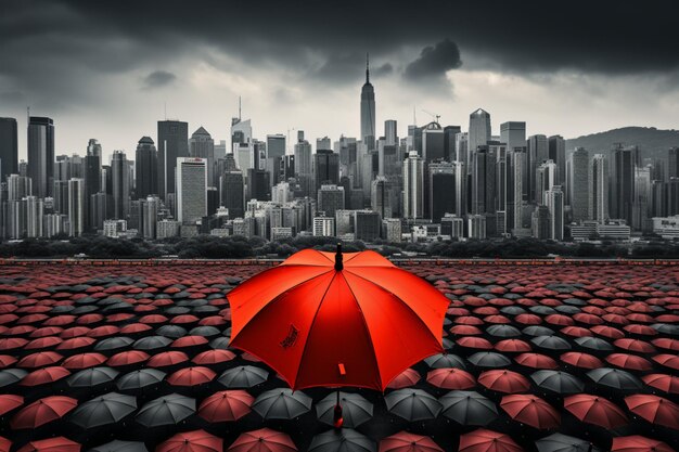 Parapluie rouge au milieu de celles noires avec une ville en arrière-plan