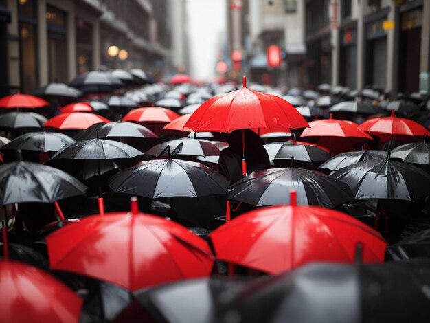 Un parapluie rouge unique se distingue d'une mer de parapluies noirs dans une ville animée.