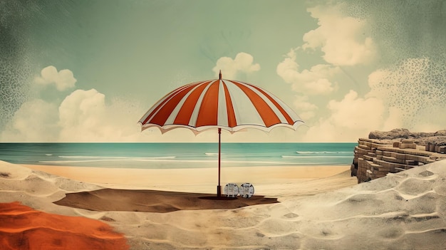 Parapluie sur le sable chaud de la plage Carte grungy avec scène de vacances de parasol sur la ligne de rivage Generative AI