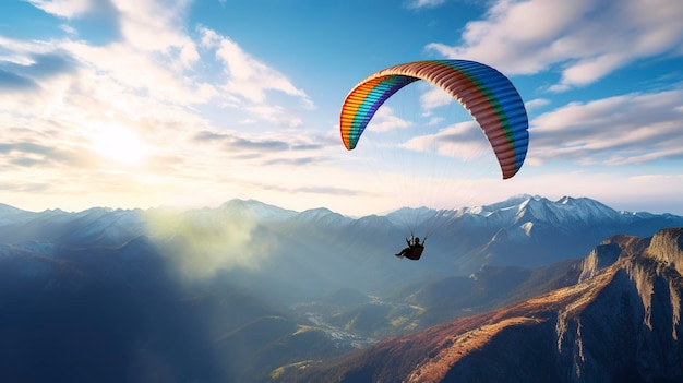 Un parapluie survolant des montagnes pittoresques au coucher du soleil avec des nuages pittoresques et de l'eau en dessous