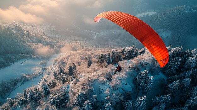 Un parapluie survolant un paysage enneigé