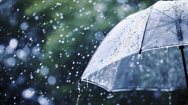 Parapluie transparente en gros plan sous la pluie sur un fond de gouttelettes d'eau éclaboussées Concept de temps pluvieux