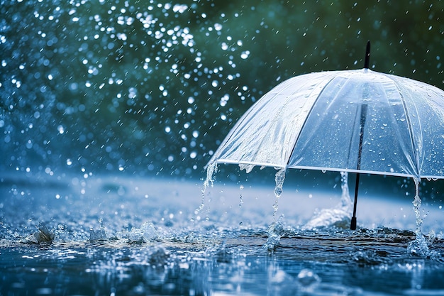 Parapluie transparente en gros plan sous la pluie sur un fond de gouttelettes d'eau éclaboussées Concept de temps pluvieux