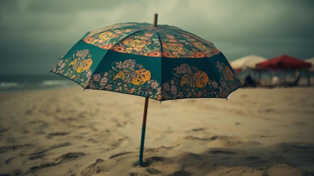 Un parapluie vert avec un motif floral est dans le sable.