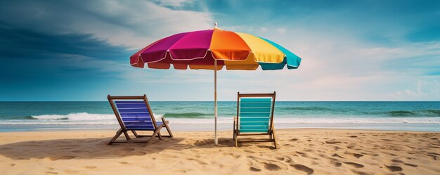 Photo des parapluies et des chaises colorées sur le fond de la plage d'été de sable blanc