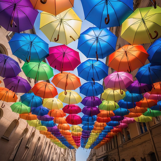 des parapluies colorés flottent dans le ciel