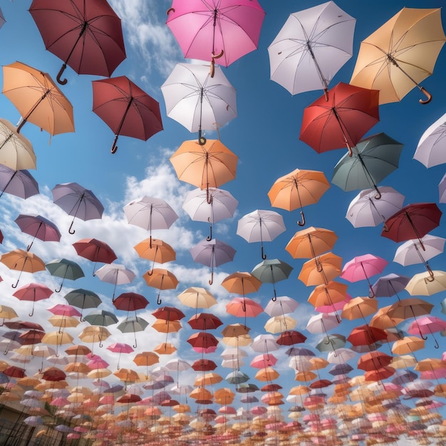 des parapluies colorés flottent dans le ciel