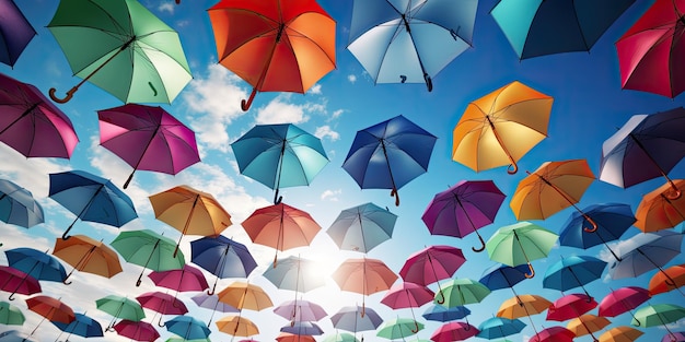 des parapluies colorés flottent dans le ciel