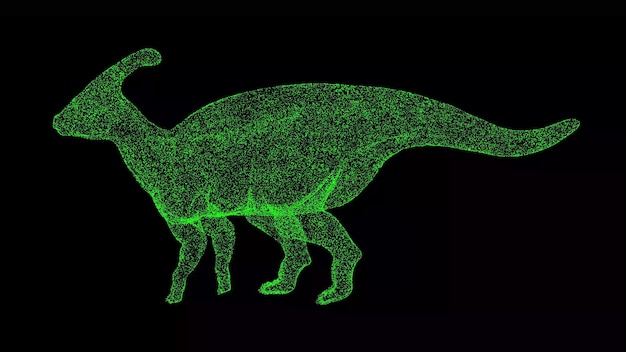 Parasaurolophus dinosaure 3D sur fond noir Objet composé de particules chatoyantes Concept d'animaux sauvages Pour la présentation du texte du titre animation 3d