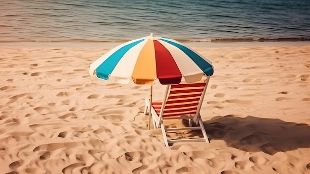 Parasol avec chaise sur la plage de sable vacances d'été thème en-tête art généré par le réseau de neurones
