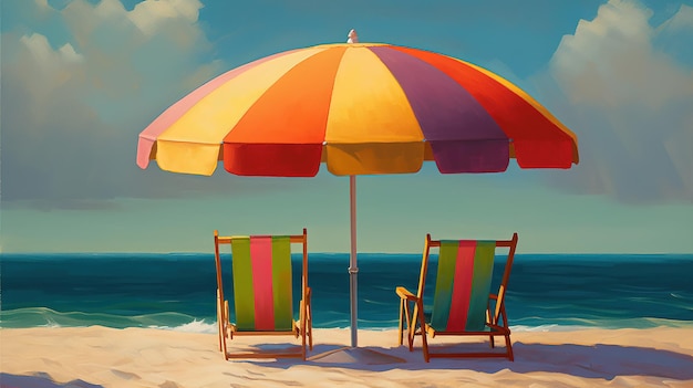 Photo un parasol coloré est sur la plage et le soleil brille.