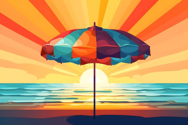 Un parasol coloré est sur la plage et le soleil se couche derrière lui.