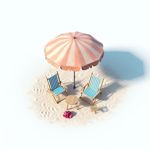 Un parasol et deux chaises avec le mot plage dessus.