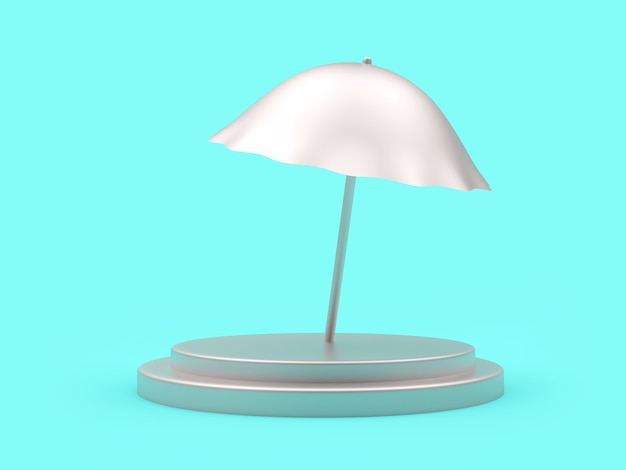 Parasol de plage argenté de rendu 3D sur piédestal sur fond bleu clair