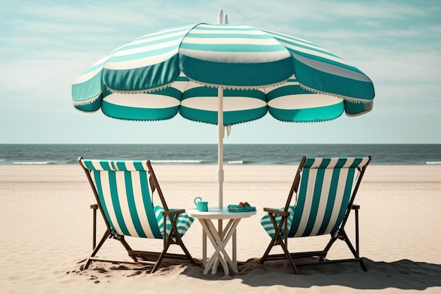 Parasol de plage avec des chaises sur le concept de vacances d'été de sable de plage vue arrière