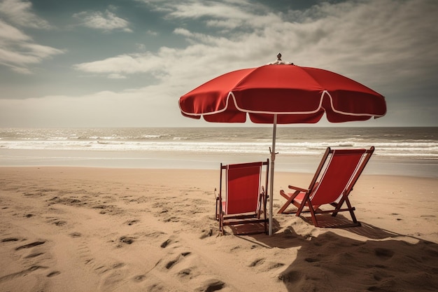 Parasol de plage et chaises de plage rouges sur un rivage