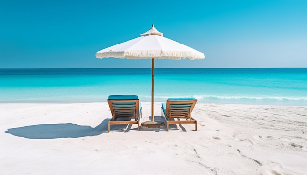 Parasol de plage avec des chaises sur le sable Concept de vacances d'été avec espace de copie