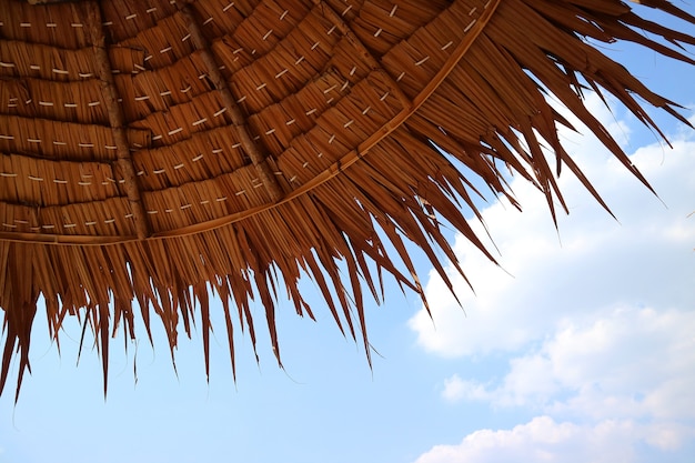 Parasol de plage de chaume contre Blue Sunny Sky