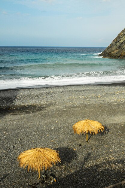 Parasol de plage fait de feuilles de palmier dans les îles Canaries