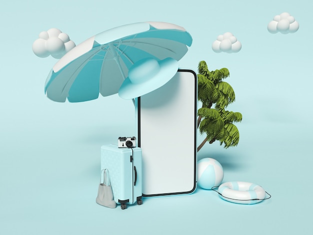 Parasol, valise de voyage, ballon de plage, palmiers et smartphone. Voyage et concept de vacances d'été.