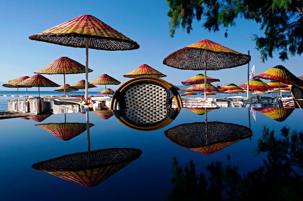 Parasols colorés sur une plage au bord de la mer