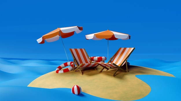 Parasols de plage avec chaises et accessoires de plage sur fond bleu vif