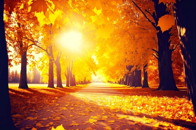 Parc et allée éclairés par le soleil pendant la chute des feuilles d'automne