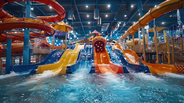 Parc aquatique intérieur avec des toboggans colorés concept amusant pour la famille terrain de jeu aquatique passionnant pour les enfants et les adultes capturé dans une photo vibrante AI