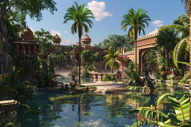 Photo un parc aquatique avec des palmiers et un bâtiment en arrière-plan