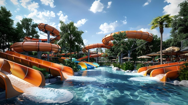 Parc aquatique tropical aventure toboggans piscines et palmiers divertissement en famille au soleil destination d'été lumineuse et dynamique AI