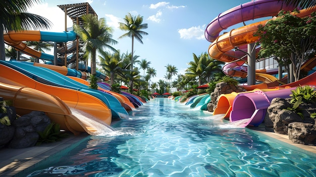 Parc aquatique vibrant avec des toboggans colorés sous un ciel bleu ensoleillé Parfait pour les loisirs d'été et les vacances en famille Destination de voyage idéale AI