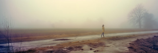 parc arboré au crépuscule avec brouillard